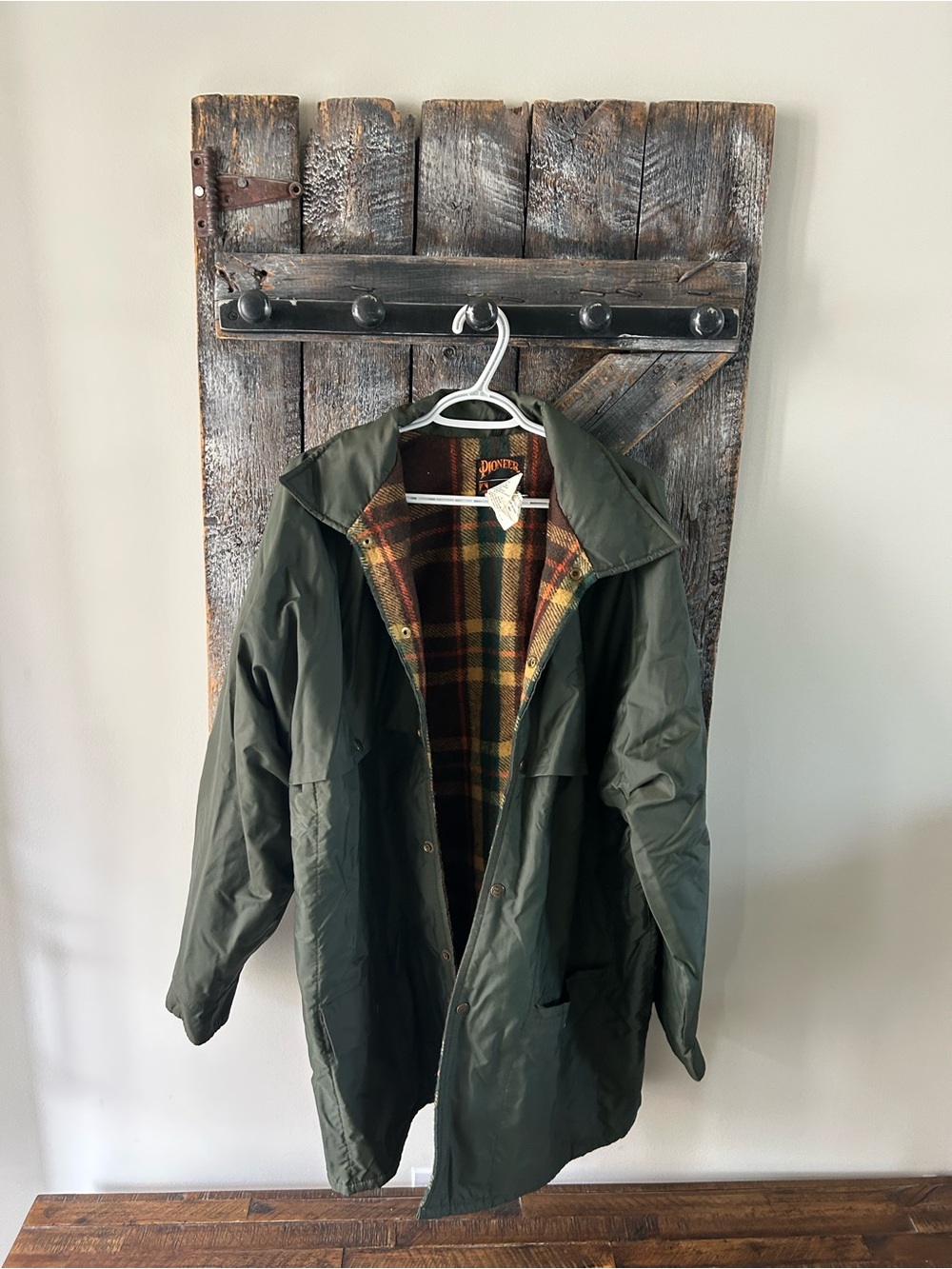 PIONEER Men's Olive Green Nylon Field Coat with Plaid Wool & Acrylic Lining